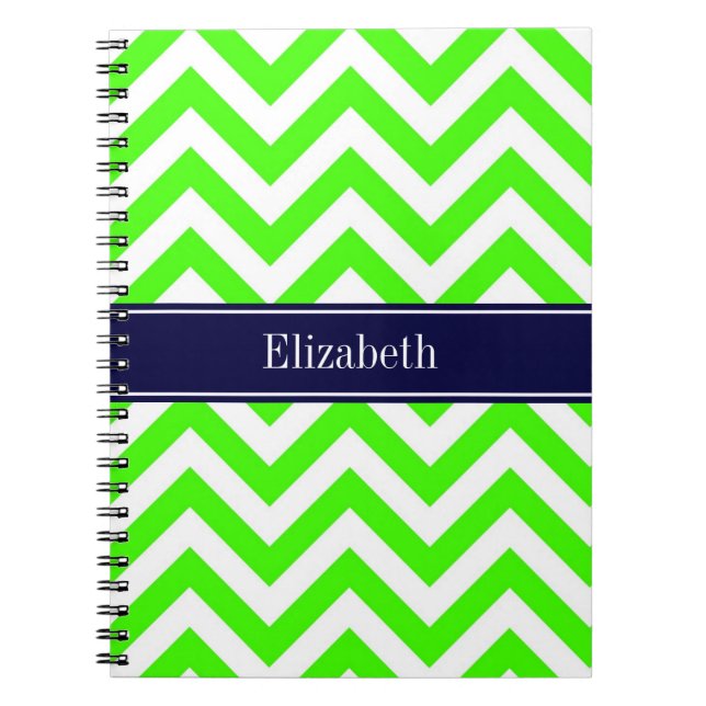 Lime Green LG Chevron Navy Blue Name Monogram Notebook (Front)