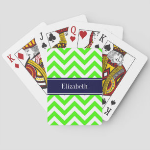 Lime Green LG Chevron Navy Blue Name Monogram Playing Cards