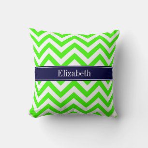 Lime Green LG Chevron Navy Blue Name Monogram Throw Pillow