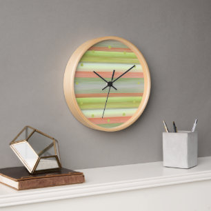 Lime Green Living Coral Watercolor Stripes Pattern Clock
