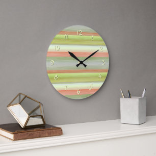 Lime Green Living Coral Watercolor Stripes Pattern Large Clock