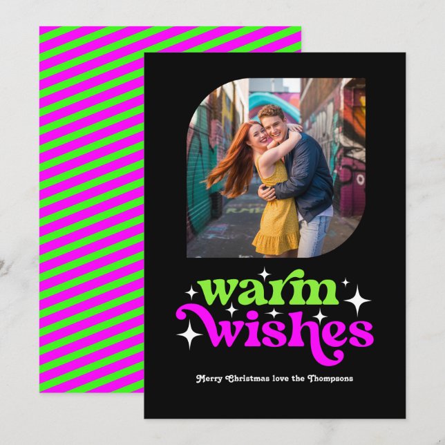 Lime Green & Magenta Modern Retro Christmas Photo Holiday Card (Front/Back)