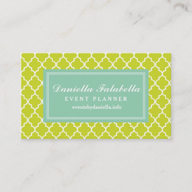 Lime Green Moroccan Tiles Lattice Personalized Business Card (Front)