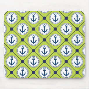 Lime Green Nautical Anchor Pattern Mouse Pad