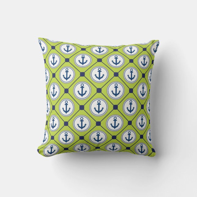 Lime Green Nautical Anchor Pattern Throw Pillow (Front)