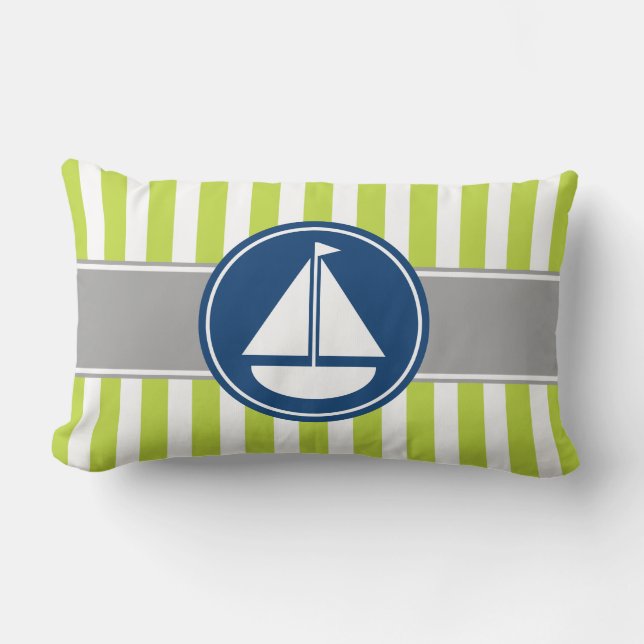 Lime Green Nautical Sailboat Stripes Lumbar Pillow (Front)