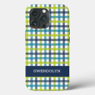 Lime Green, Navy and Turquoise Blue Plaid iPhone 13 Pro Case