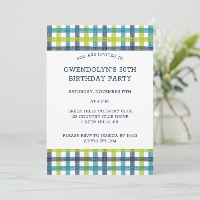 Lime Green, Navy and Turquoise Blue Plaid Invitati Invitation (Standing Front)