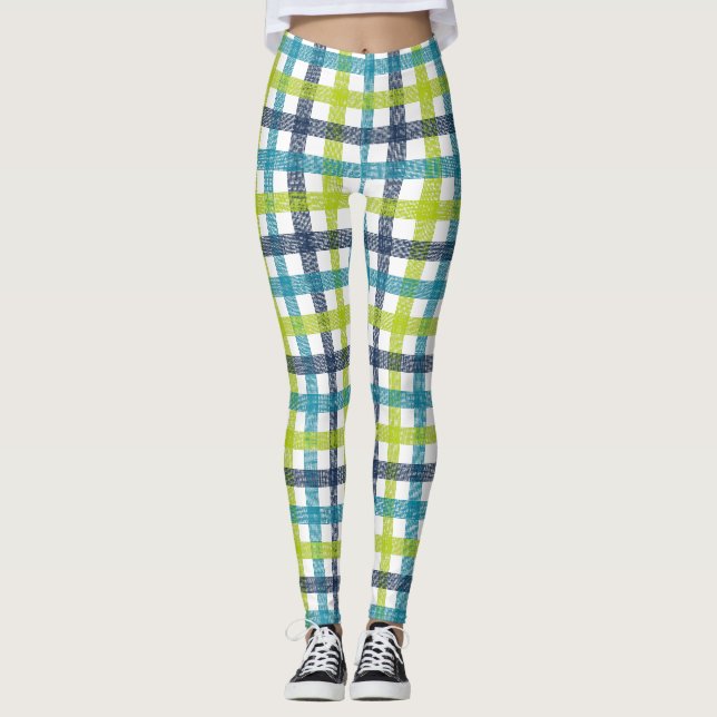 Lime Green, Navy and Turquoise Blue Plaid Leggings (Front)