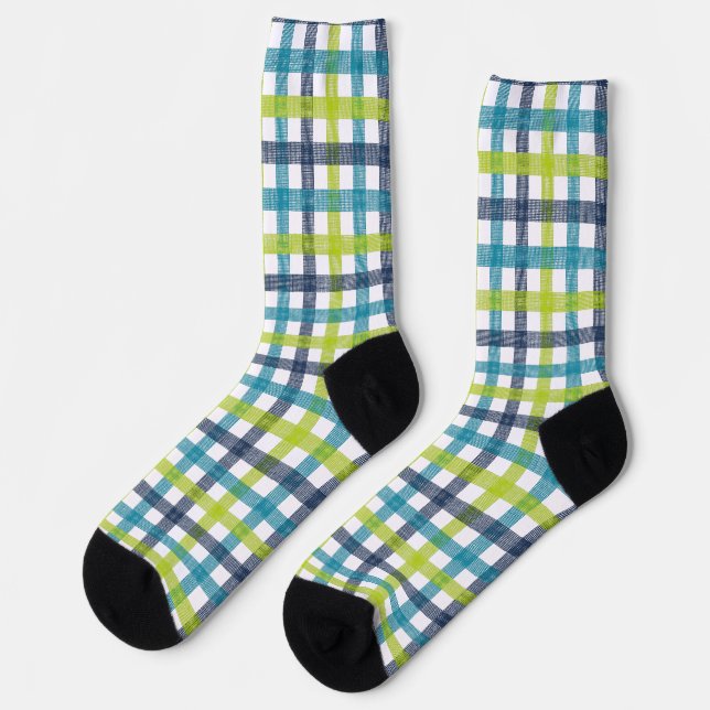 Lime Green, Navy and Turquoise Blue Plaid Socks (Left)