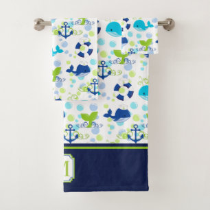 Lime Green Navy Blue Nautical Pattern Monogram Bath Towel Set