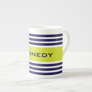 Lime Green & Navy Blue Stripes Custom Monogram Bone China Mug