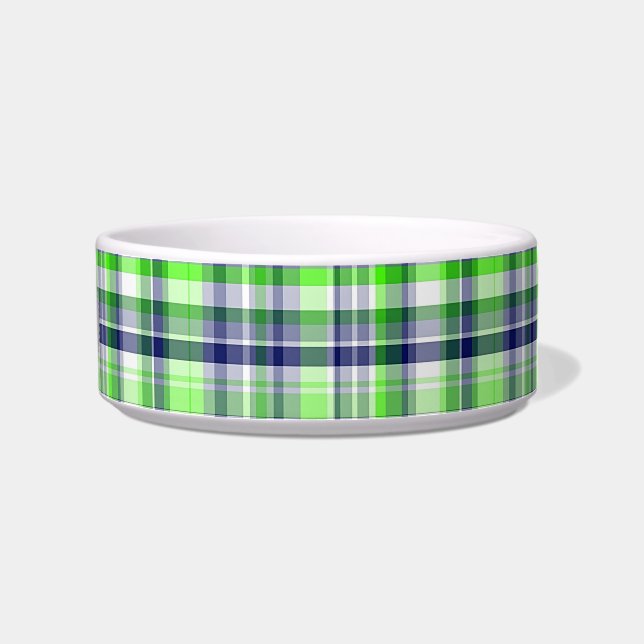 Lime Green, Navy Blue, White Preppy Madras Plaid Bowl (Right)