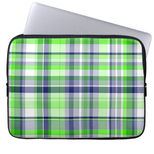 Lime Green, Navy Blue, White Preppy Madras Plaid Laptop Sleeve