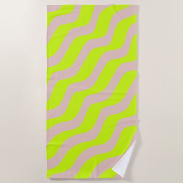 Lime Green Neon And Beige Abstract Stripes Beach Towel (Front)