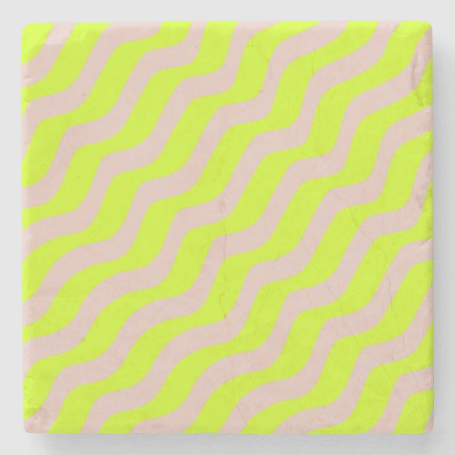 Lime Green Neon And Beige Abstract Stripes Stone Coaster (Front)