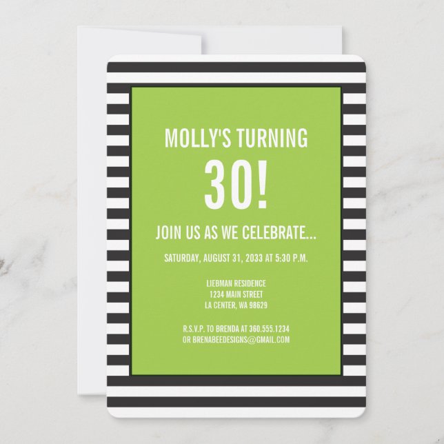 Lime Green on Black and White Stripe Party Invitation (Front)