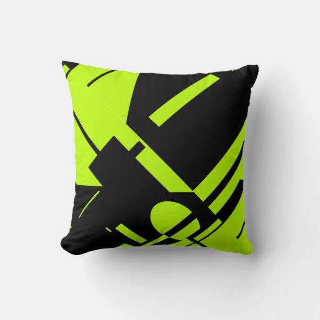Lime Green on Black Bold Geometric Abstract Design Throw Pillow (Front)