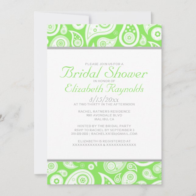 Lime Green Paisley Bridal Shower Invitations (Front)