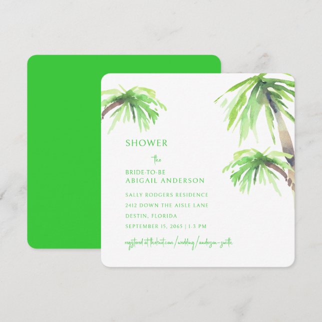 Lime Green Palm Tree Bridal Shower Square Invitation (Front/Back)
