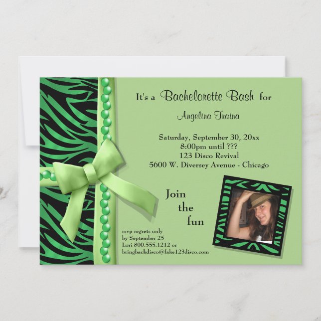 Lime Green Pearls And Zebra Stripes Invitation (Front)