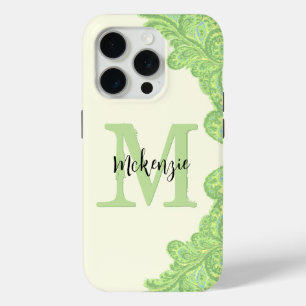 Lime Green Personalized Damask iPhone Cover- iPhone 15 Pro Case