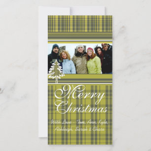 Lime Green Plaid Pine Tree Holiday Family Photo Card