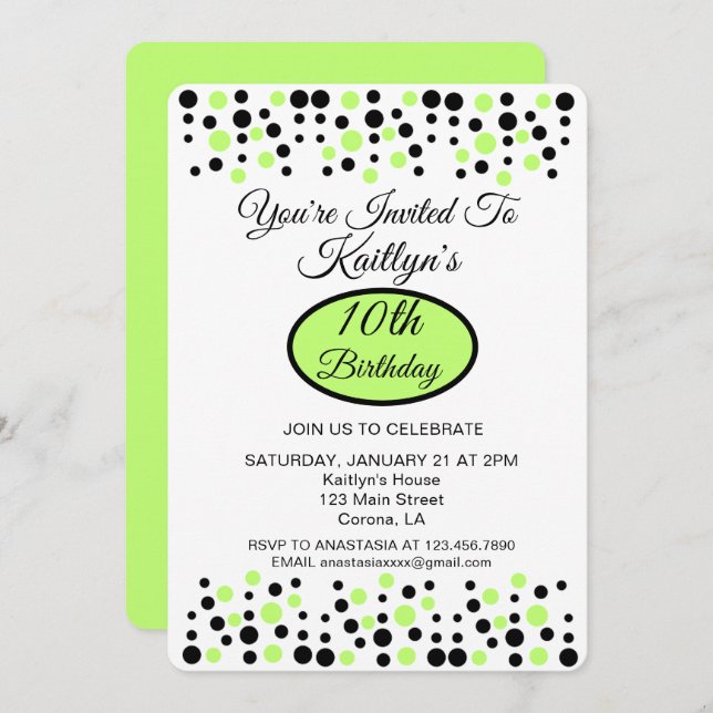 Lime Green Polka Dot Birthday Party Invitation (Front/Back)