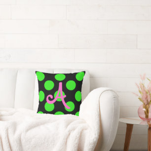 Lime Green Polka Dot Initial Square Pillow