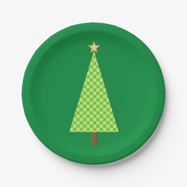 Lime green polka dot modern Christmas tree Paper Plate (Front)