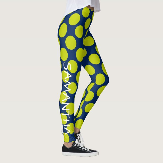 Lime Green Polka Dots on Navy Blue Personalized Leggings (Right)