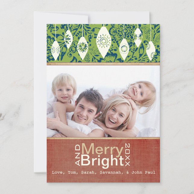 Lime Green Red Merry and Bright Family Photo Card (Front)