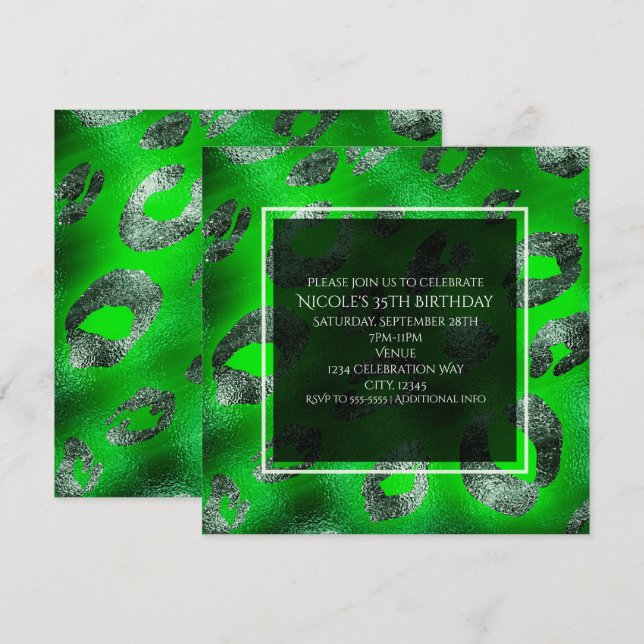 Lime Green & Silver Leopard Print Party Invitation (Front/Back)