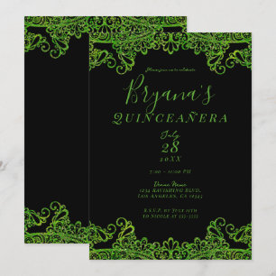 Lime Green Sparkle Glitter Black Quinceañera Invitation