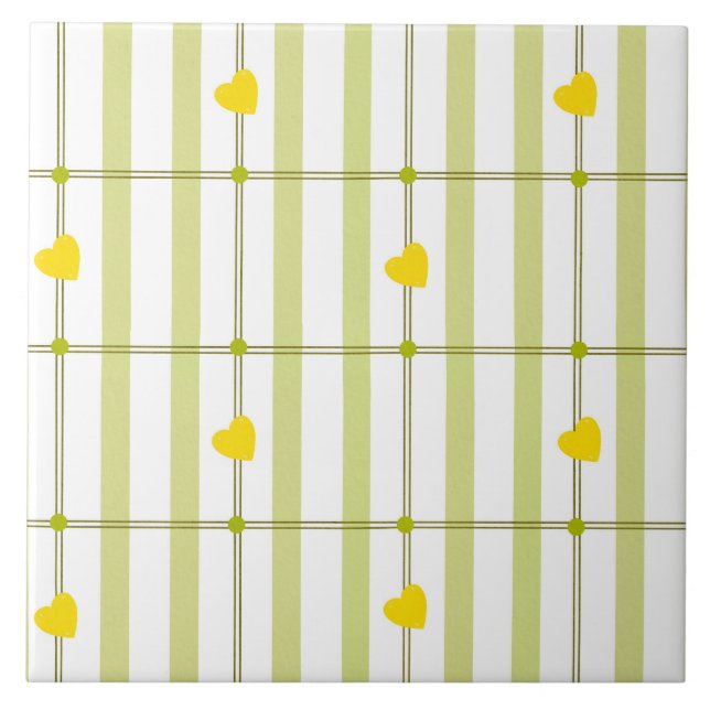 Lime Green Stripe and Yellow Hearts  Tile (Front)
