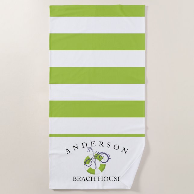 Lime Green Stripe Personalized Beach House Towel (Front)