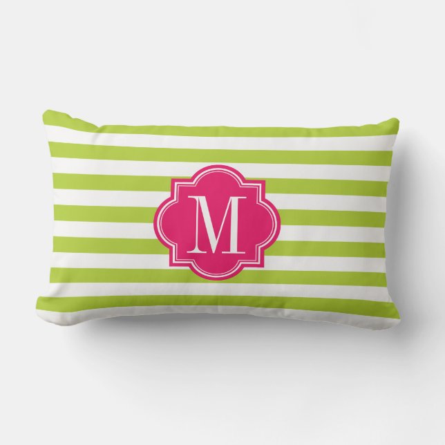 Lime Green Stripes with Hot Pink Monogram Lumbar Pillow (Front)