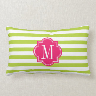Lime Green Stripes with Hot Pink Monogram Lumbar Pillow