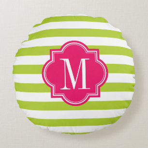 Lime Green Stripes with Hot Pink Monogram Round Pillow
