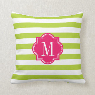 Lime Green Stripes with Hot Pink Monogram Throw Pillow