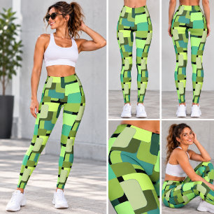 Lime Green Teal Mid Century Geometric Abstract Leggings