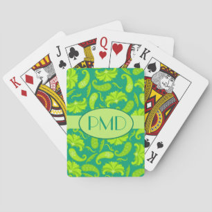 Lime Green & Teal Monogram Name Parisian Paisley Playing Cards