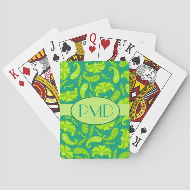Lime Green & Teal Monogram Name Parisian Paisley Playing Cards (Back)
