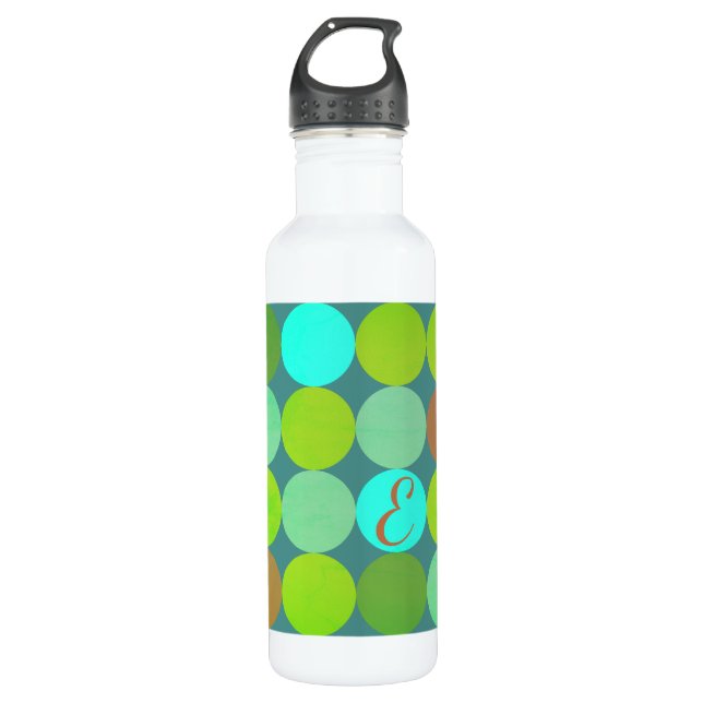 Lime Green Teal Turquoise & Rust Circles Monogram 710 Ml Water Bottle (Front)