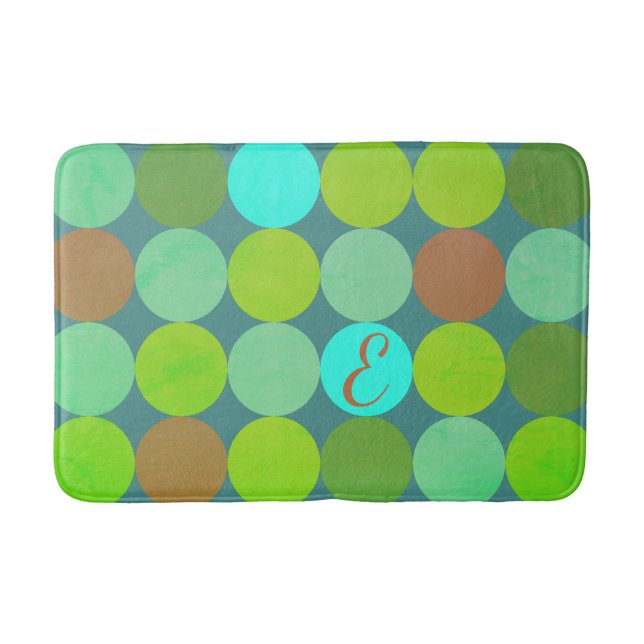 Lime Green Teal Turquoise & Rust Circles Monogram Bath Mat (Front)