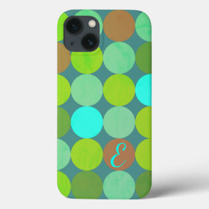 Lime Green Teal Turquoise & Rust Circles Monogram iPhone 13 Case