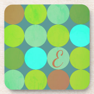 Lime Green Teal Turquoise & Rust Circles Monogram Coaster