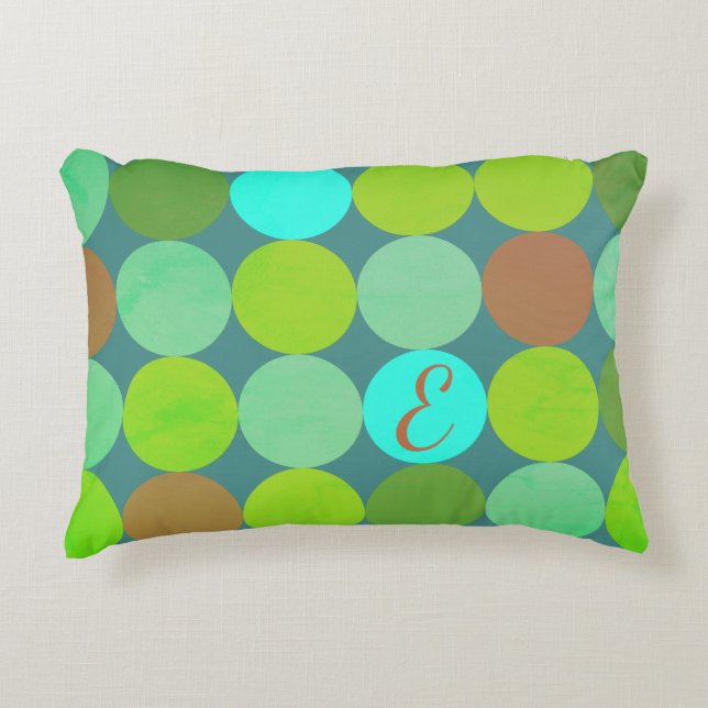 Lime Green Teal Turquoise & Rust Circles Monogram Decorative Pillow (Front)