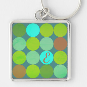 Lime Green Teal Turquoise & Rust Circles Monogram Keychain