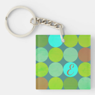 Lime Green Teal Turquoise & Rust Circles Monogram Keychain